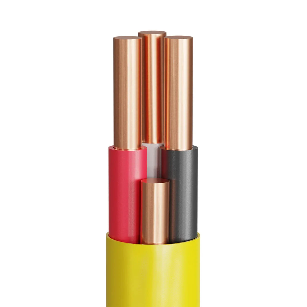 Close-up of four copper wires—yellow, red, white, and black insulation—bundled in a yellow outer sheath of Go Build 12/3 50 ft. Copper Electrical Cable NM-B (The Fastest Way To Build).